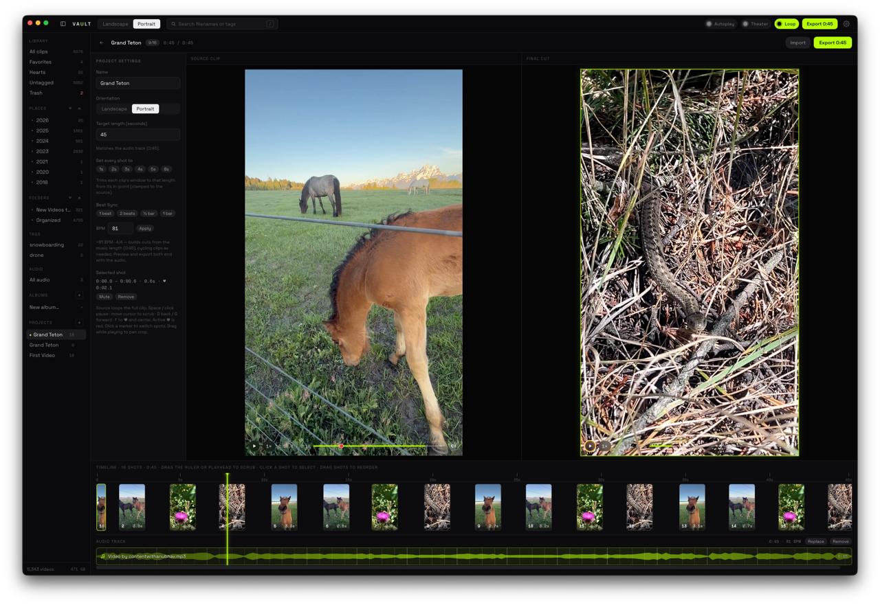 FlowCLP social export editor with source clip, final edit, timeline, and audio track