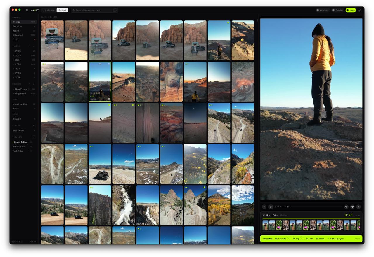 FlowCLP clip library showing portrait travel clips and selected preview